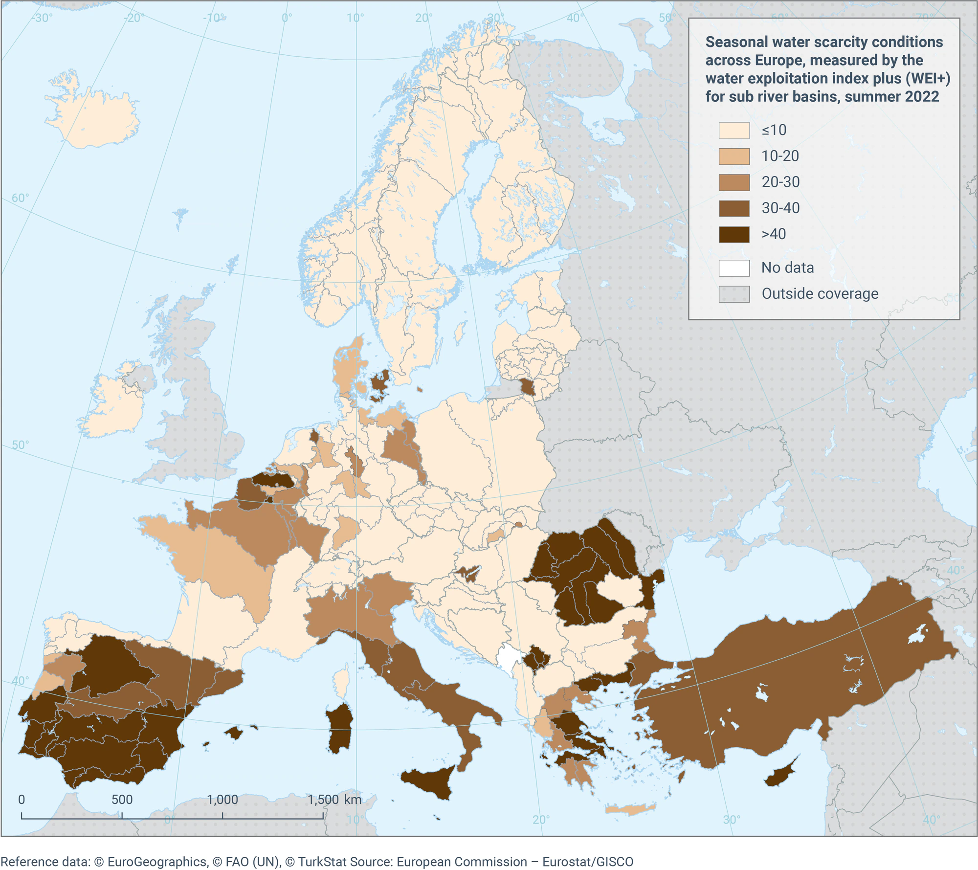 Summer water scarcity conditions across Europe, 2022